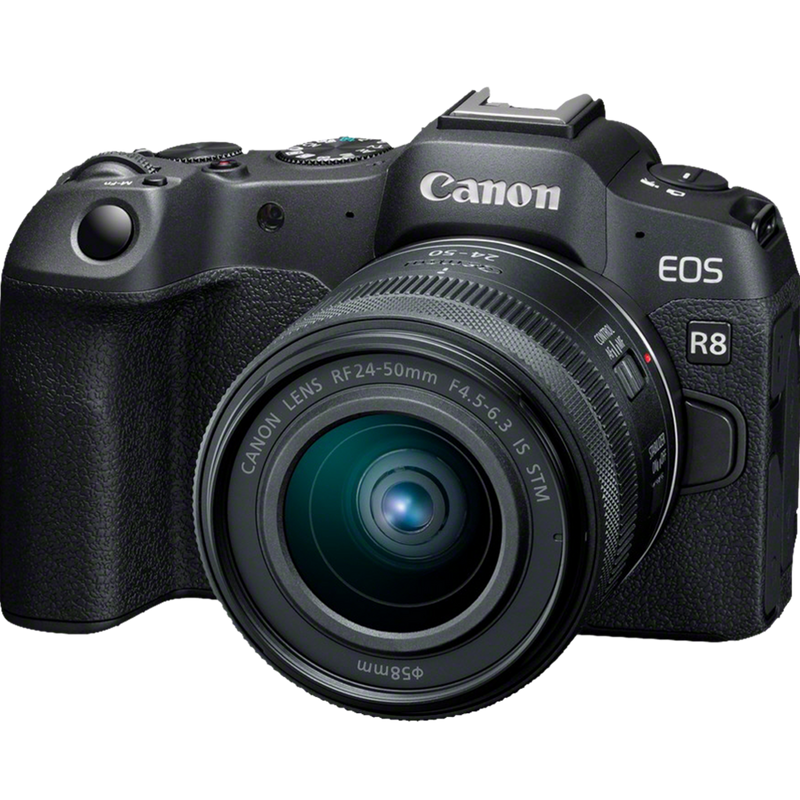 Canon EOS R8 Mirrorless Camera and RF 24-50mm F4.5-6.3 IS STM Lens Product Angled View