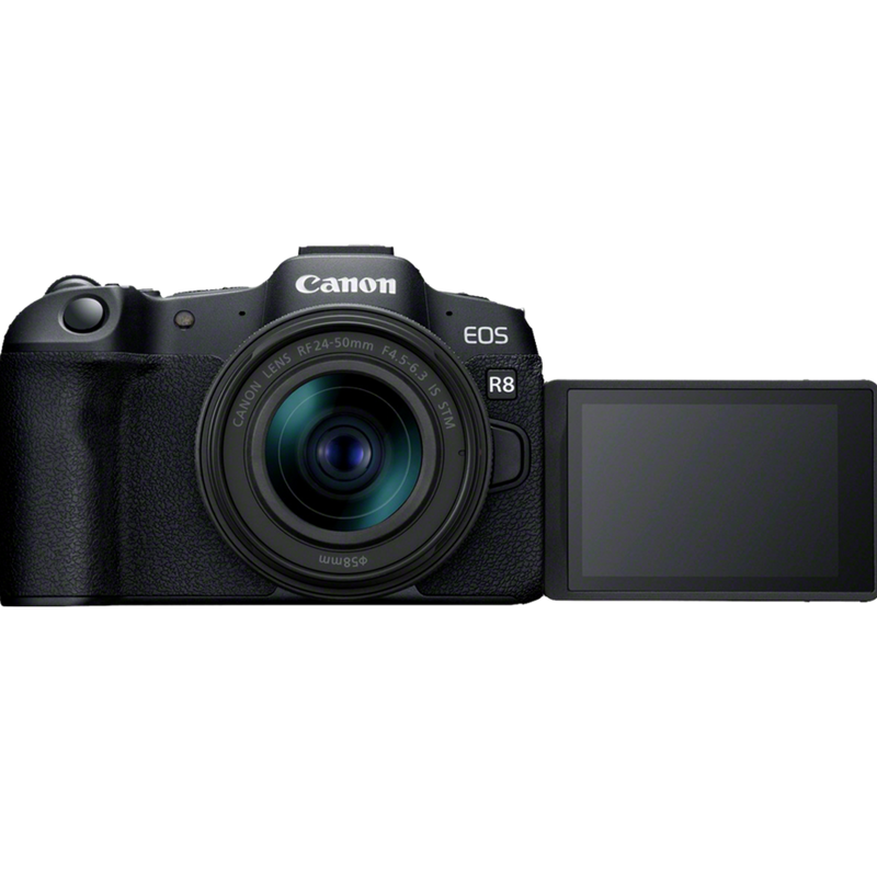 Canon EOS R8 Mirrorless Camera and RF 24-50mm F4.5-6.3 IS STM Lens Product Front View Open Screen