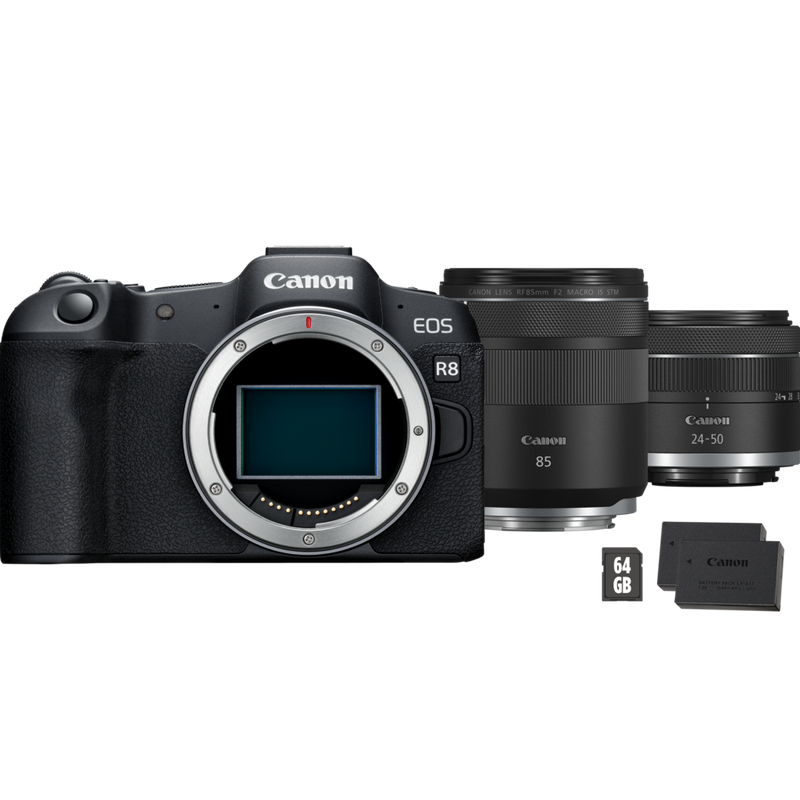 

Canon EOS R8 Mirrorless Camera, Black + RF 85mm Macro IS STM Lens + RF 24-50mm IS STM Lens