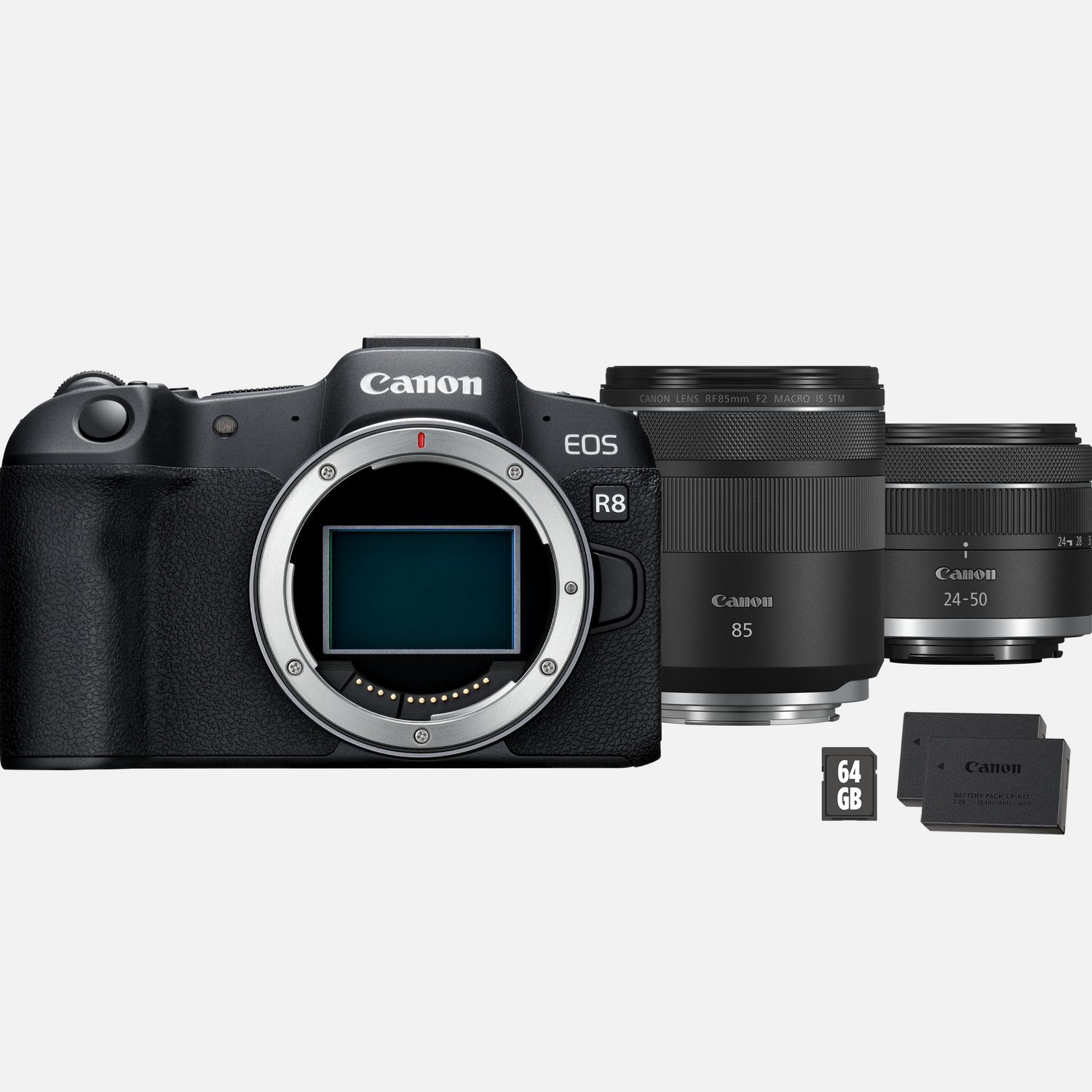 Appareil photo hybride Canon EOS R8, noir + objectif RF 85mm Macro IS STM + objectif RF 24-50mm IS STM