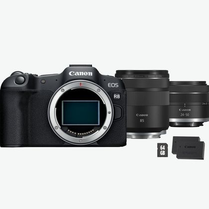 Image of Canon EOS R8 Mirrorless Camera, Black + RF 85mm Macro IS STM Lens + RF 24-50mm IS STM Lens