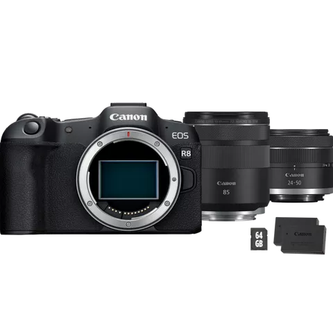 Canon EOS R8 Mirrorless Camera, Black + RF 85mm Macro IS STM Lens + RF 24-50mm IS STM Lens