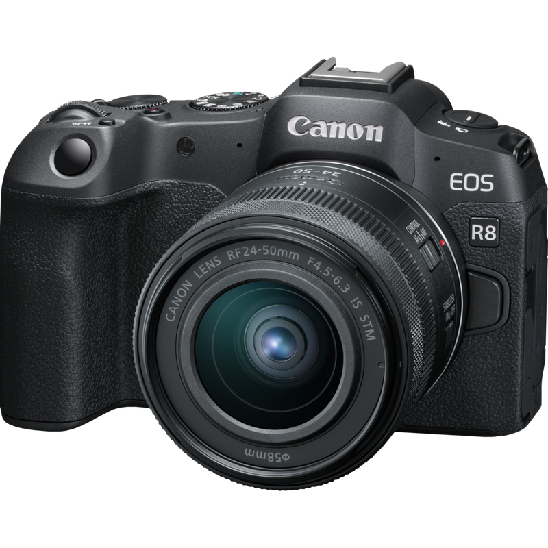 Canon EOS R8 spiegellose Kamera (Gehäuse), Schwarz + RF 85mm Macro IS STM Objektiv + RF 24-50mm IS STM Objektiv Produkte Schrägansicht mit Objektiv von vorne links