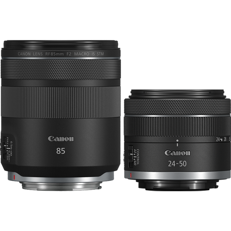 Canon EOS R8 spiegellose Kamera (Gehäuse), Schwarz + RF 85mm Macro IS STM Objektiv + RF 24-50mm IS STM Objektiv Produkte Ansicht der Objektive von vorne