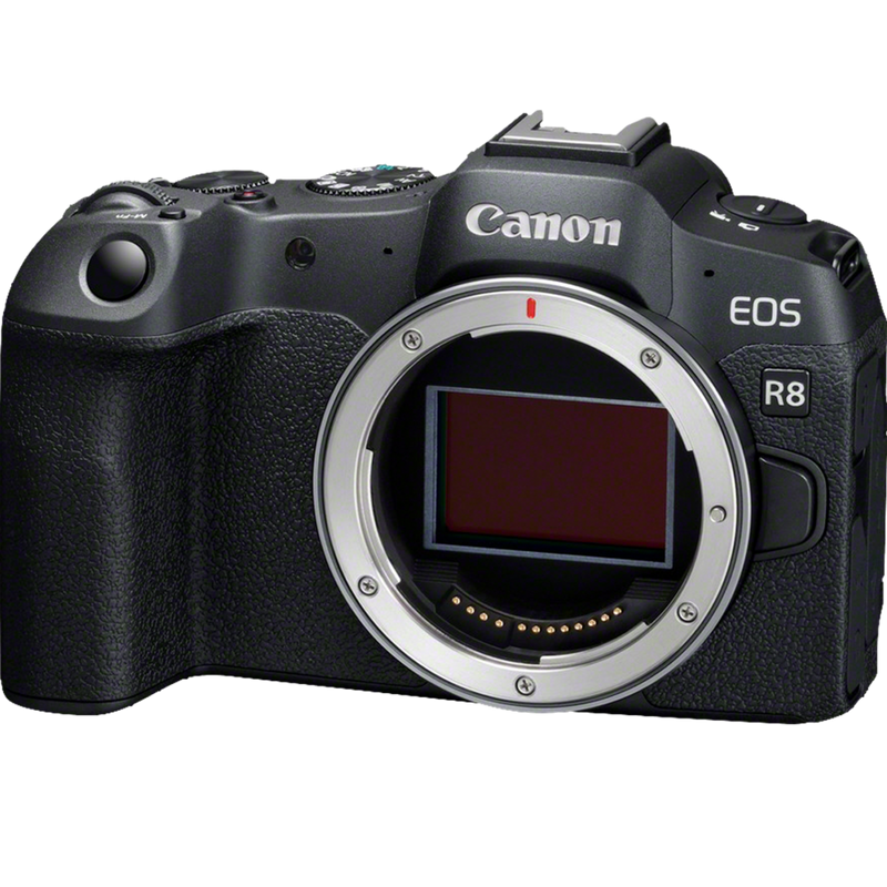 Canon EOS R8 Mirrorless Camera + Spare Battery Product Angled View