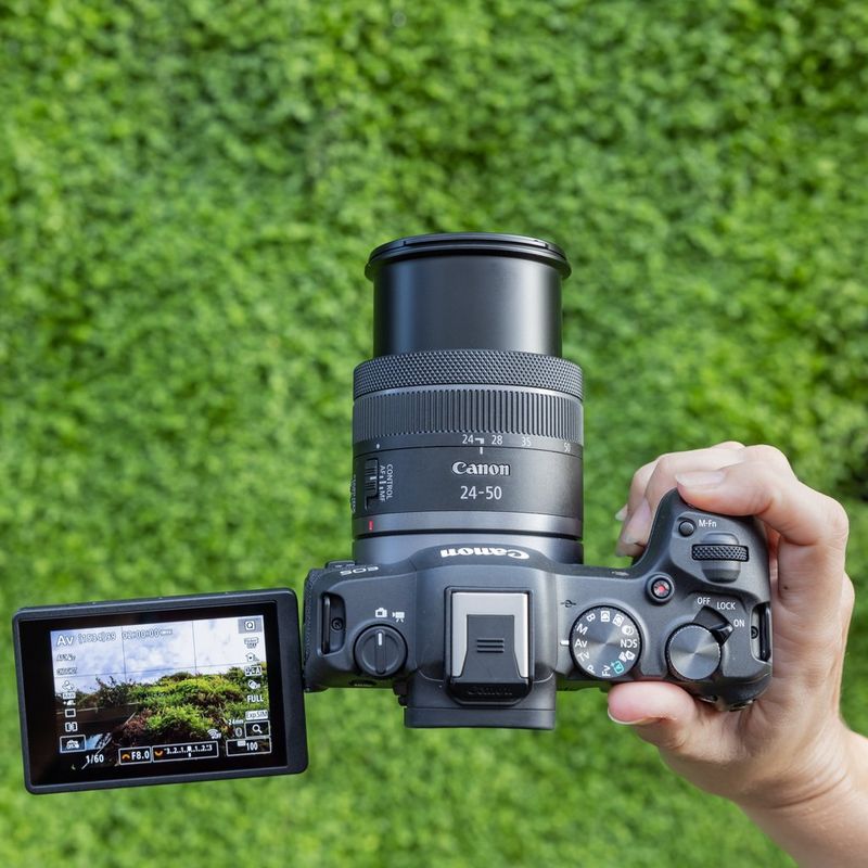 Canon EOS R8 Mirrorless Camera + Spare Battery A user taking picture of a landscape