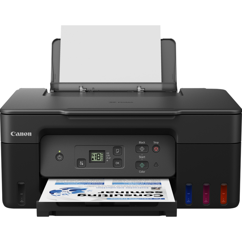 Canon PIXMA G2470 Colour 3-in-1 Refillable MegaTank Printer Product Front View with Tray Open