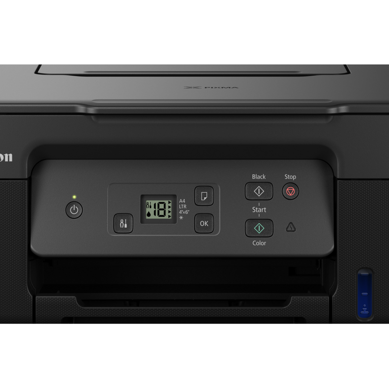 Canon PIXMA G2470 Colour 3-in-1 Refillable MegaTank Printer Product Front View with Display zoomed in