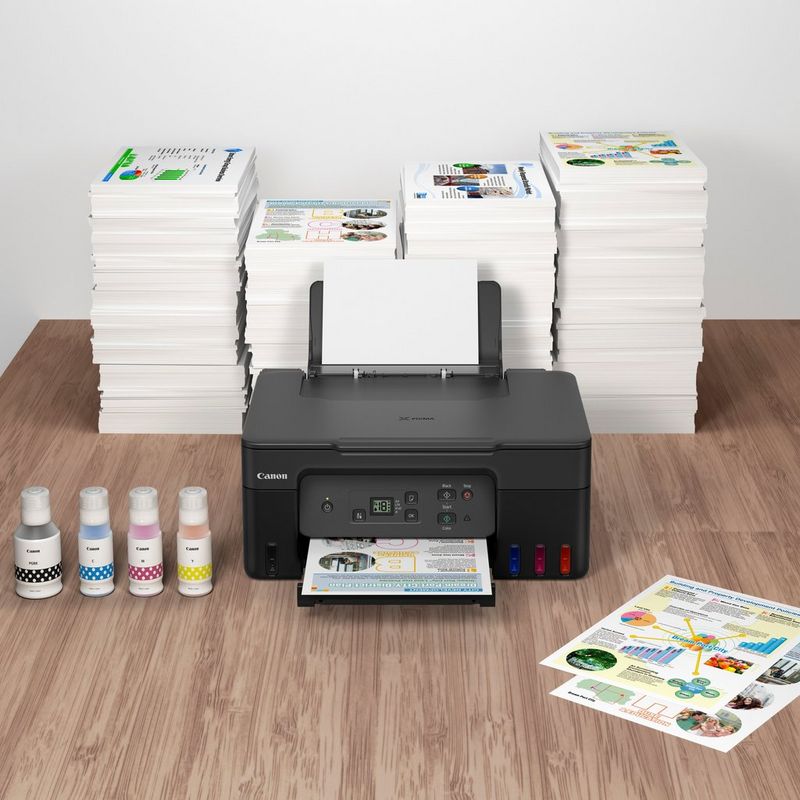 Canon PIXMA G2470 Colour 3-in-1 Refillable MegaTank Printer Product kept with a stack of papers