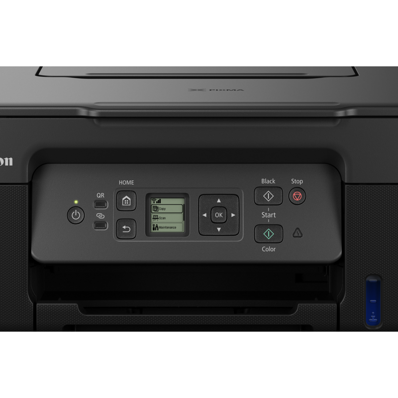Canon PIXMA G3570 Wireless Colour 3-in-1 Refillable MegaTank Printer, Black Product Front View with Display zoomed in
