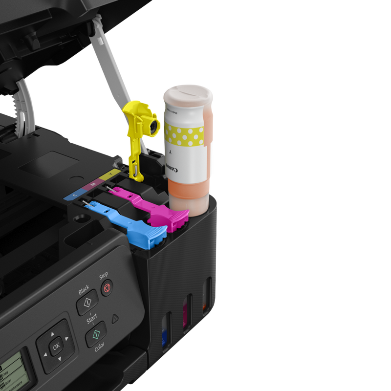 Canon PIXMA G3570 Wireless Colour 3-in-1 Refillable MegaTank Printer, Black Product Side View with Yellow Ink Refill Bottle