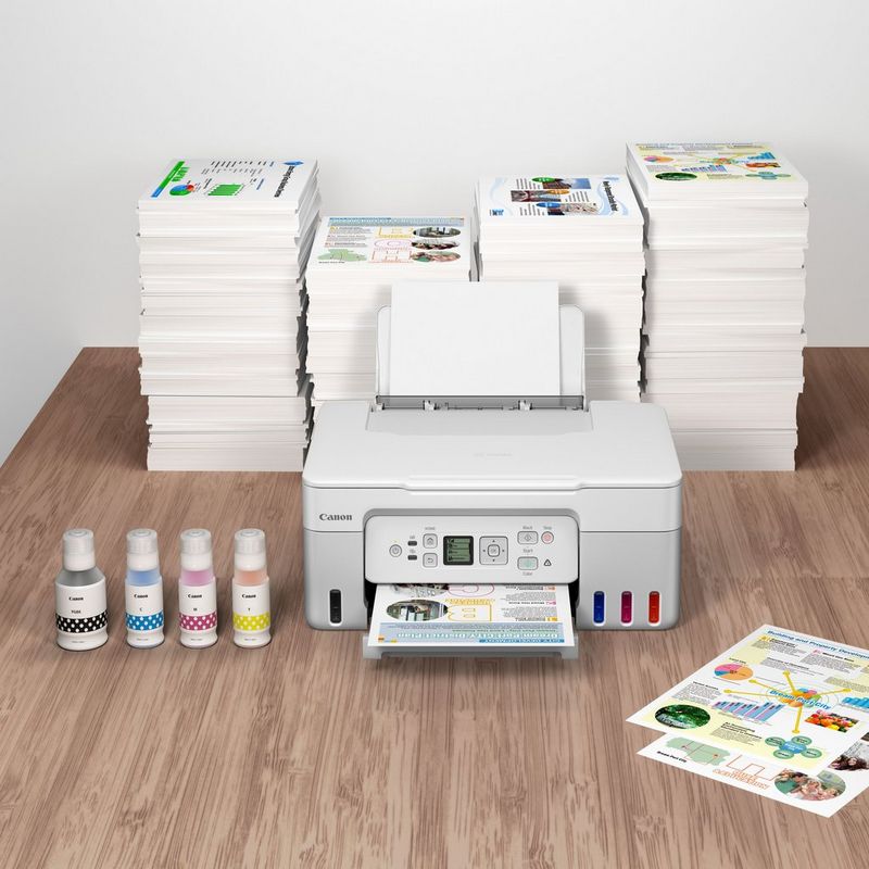 Canon PIXMA G3571 Wireless Colour 3-in-1 Refillable MegaTank Printer, White Product kept with a stack of papers
