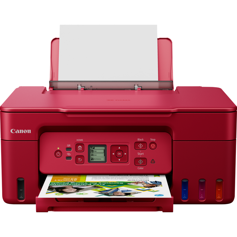 Canon PIXMA G3572 Wireless Colour 3-in-1 Refillable MegaTank Printer, Red Product Front View with Tray Open