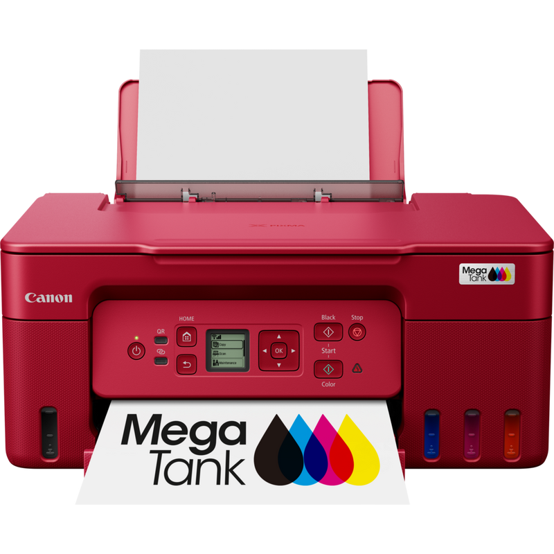 Bezprzewodowa drukarka kolorowa 3 w 1 Canon PIXMA G3470 z uzupełnianymi zbiornikami MegaTank, czerwona Produkt Widok z przodu