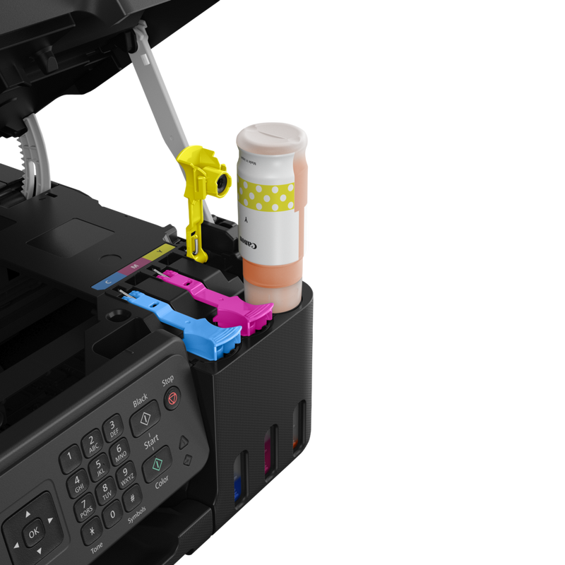 Canon PIXMA G4570: impresora multifunción inalámbrica MegaTank de inyección de tinta color con depósitos de tinta rellenables Producto Vista lateral con botella de recarga de tinta amarilla