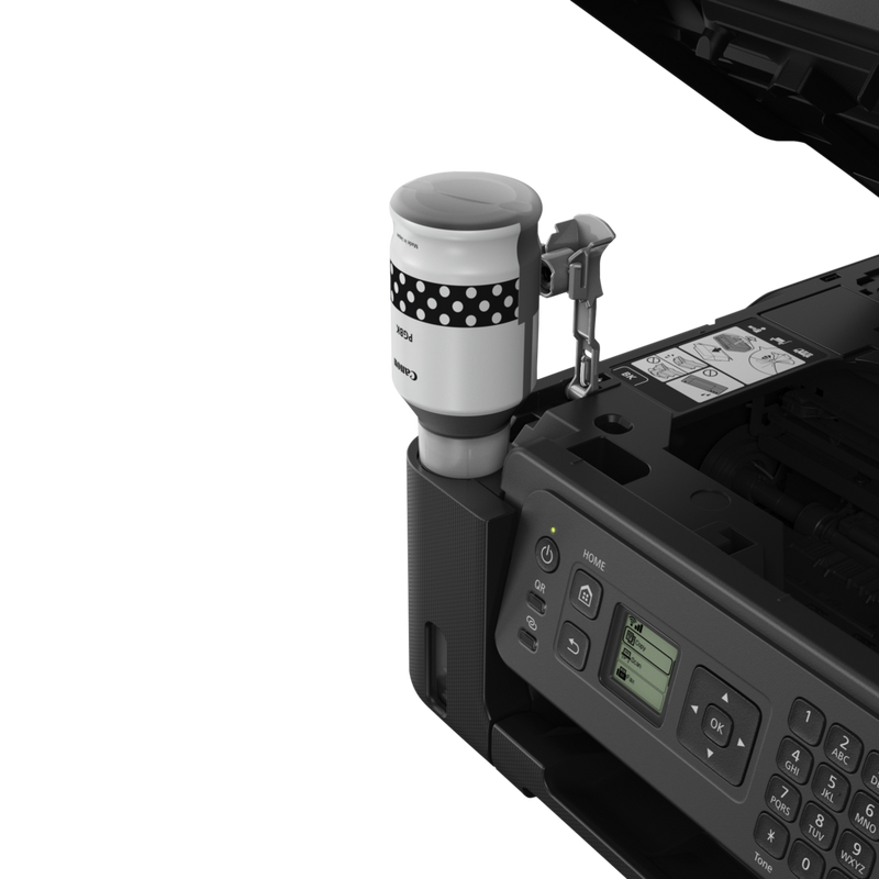 Canon PIXMA G4570: impresora multifunción inalámbrica MegaTank de inyección de tinta color con depósitos de tinta rellenables Producto Vista lateral con botella de recarga de tinta negra