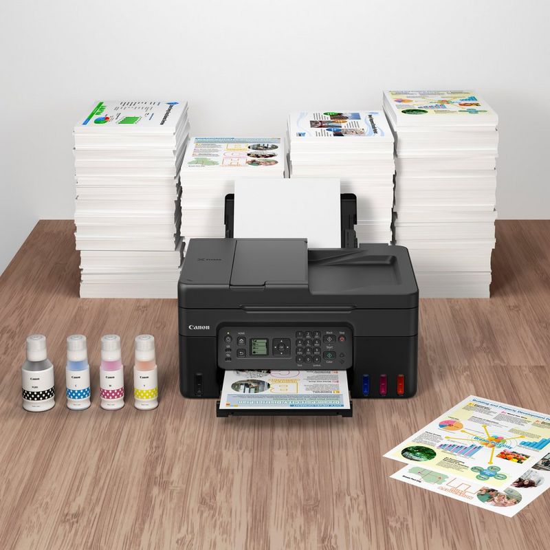 Canon PIXMA G4570: impresora multifunción inalámbrica MegaTank de inyección de tinta color con depósitos de tinta rellenables Producto junto a una pila de papeles
