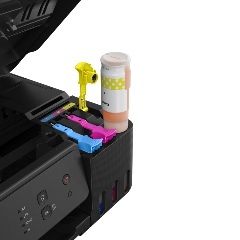 Imprimante MegaTank rechargeable couleur Canon PIXMA G1530 Produit Vue latérale avec une recharge d'encre jaune