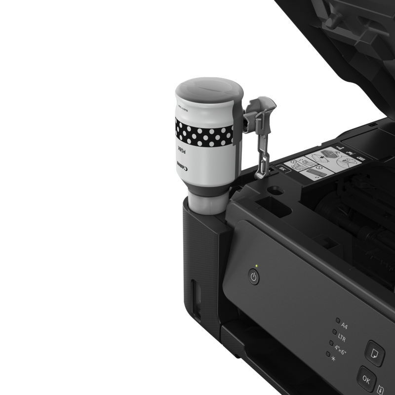 Imprimante MegaTank rechargeable couleur Canon PIXMA G1530 Produit Vue latérale avec une recharge d'encre noire