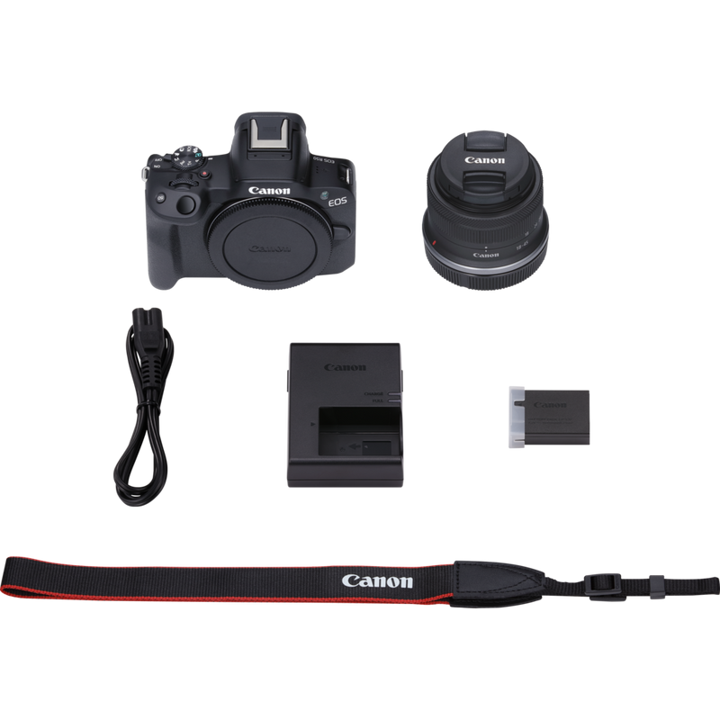 Canon EOS R50 Mirrorless Camera, Black and RF-S 18-45mm F4.5-6.3 IS STM Lens Product What's in the Box