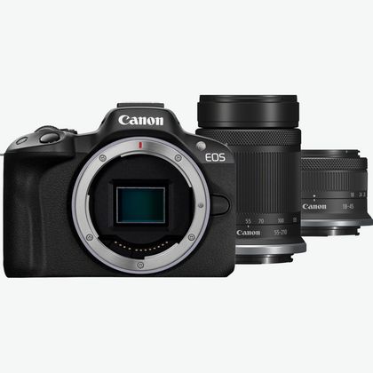 Image de Appareil photo hybride Canon EOS&nbsp;R50, noir + objectif&nbsp;RF-S 18-45mm IS&nbsp;STM + objectif&nbsp;RF-S 55-210mm IS&nbsp;STM