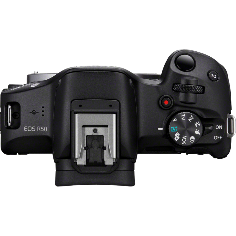 Canon EOS R50 Mirrorless Camera, Black + RF-S 18-45mm IS STM Lens + RF-S 55-210mm IS STM Lens Product Top View