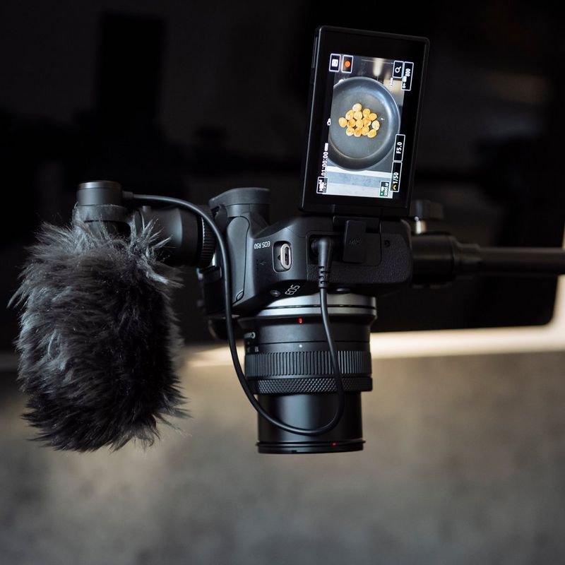 Appareil photo hybride Canon EOS R50 noir - Kit pour vlogueur Produit avec microphone fixé sur un trépied avec l'écran ouvert