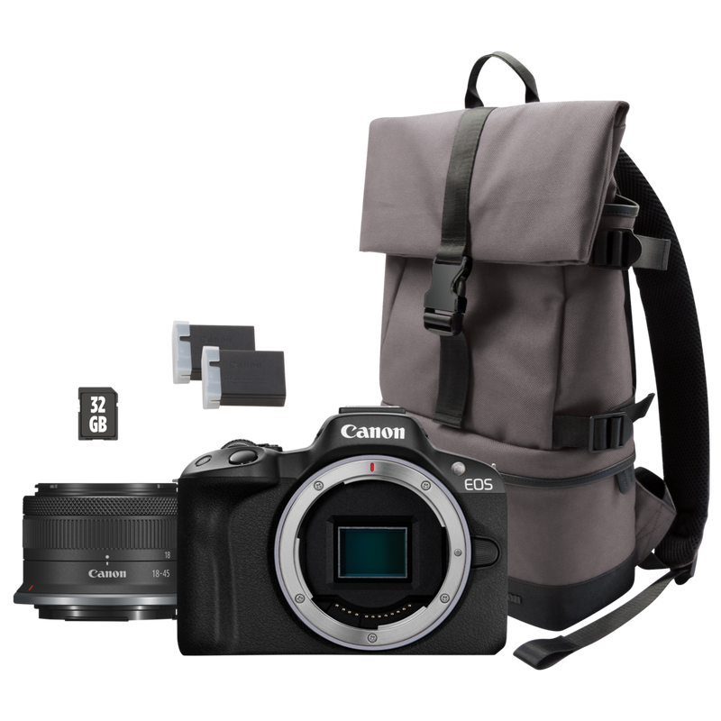 Canon EOS R50 Mirrorless Camera Black RF S 18 45mm F4.5 6.3 IS STM Lens Backpack SD Card Spare Battery