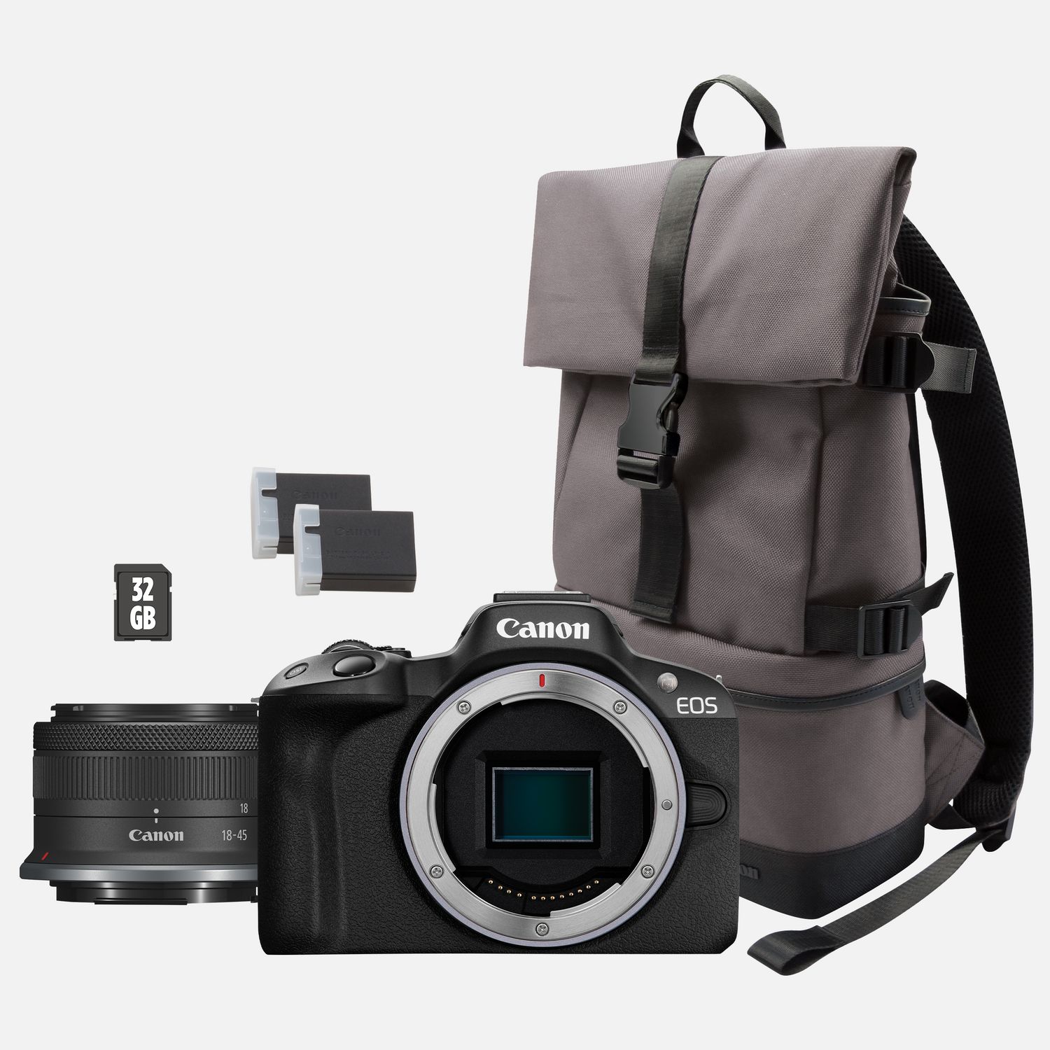 Appareil photo hybride Canon EOS R50, noir + objectif RF-S 18-45mm F4.5-6.3 IS STM + sac à dos + carte SD + batterie supplémentaire