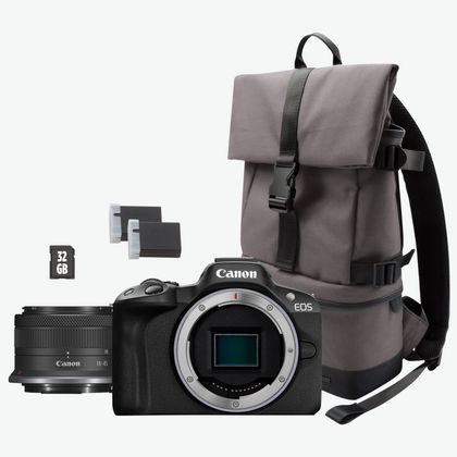 Image of Canon EOS R50 Mirrorless Camera, Black + RF-S 18-45mm F4.5-6.3 IS STM Lens + Backpack + SD Card + Spare Battery