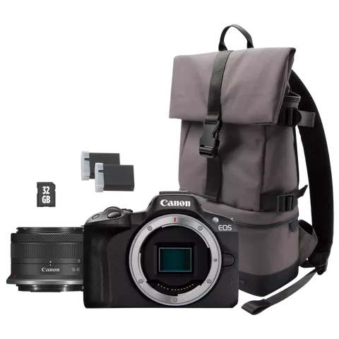 Canon EOS R50 Mirrorless Camera, Black + RF-S 18-45mm F4.5-6.3 IS STM Lens + Backpack + SD Card + Spare Battery