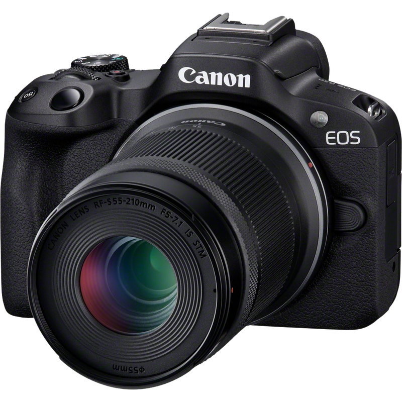 Canon EOS R50 Mirrorless Camera, Black + RF-S 18-45mm F4.5-6.3 IS STM Lens + Backpack + SD Card + Spare Battery Product Front View