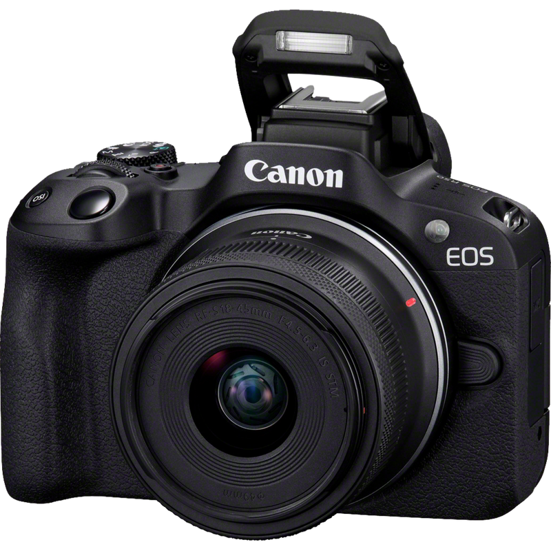Canon EOS R50 Mirrorless Camera, Black + RF-S 18-45mm F4.5-6.3 IS STM Lens + Backpack + SD Card + Spare Battery Product Front View with flash