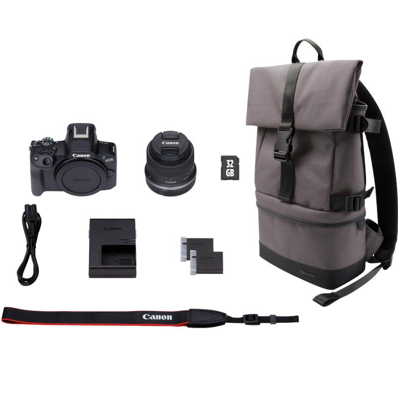 Canon EOS R50 Mirrorless Camera, Black + RF-S 18-45mm F4.5-6.3 IS STM Lens + Backpack + SD Card + Spare Battery Product What's in the Box