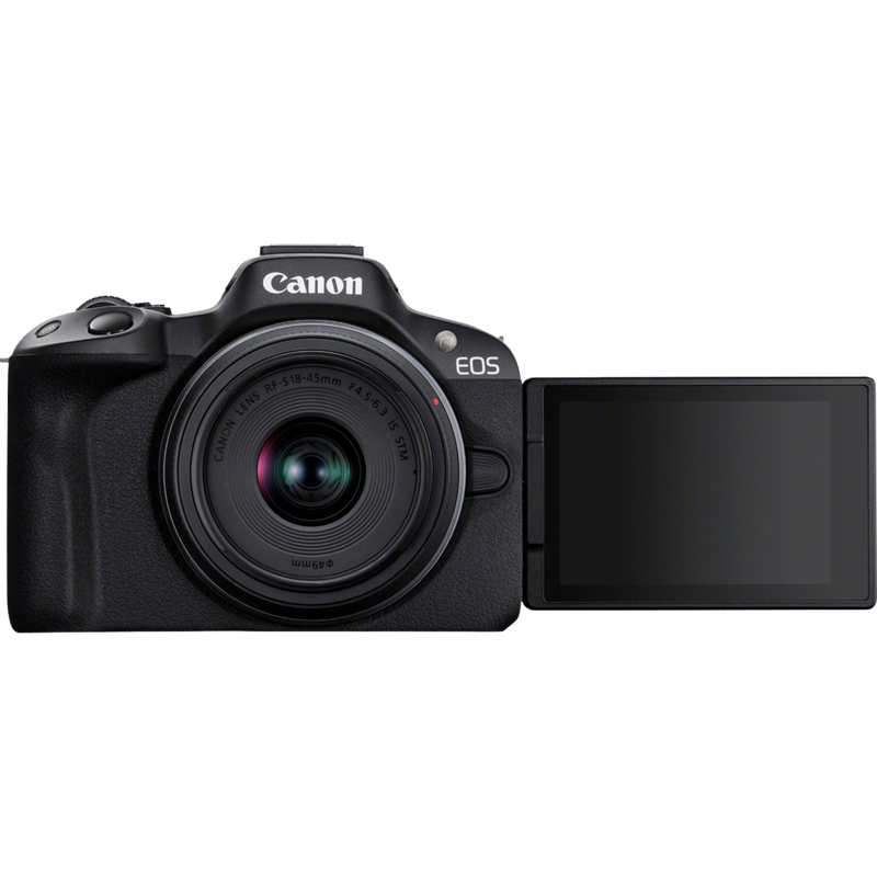 Canon EOS R50 Mirrorless Camera, Black + RF-S 18-45mm F4.5-6.3 IS STM Lens + Backpack + SD Card + Spare Battery Product Front View with Display