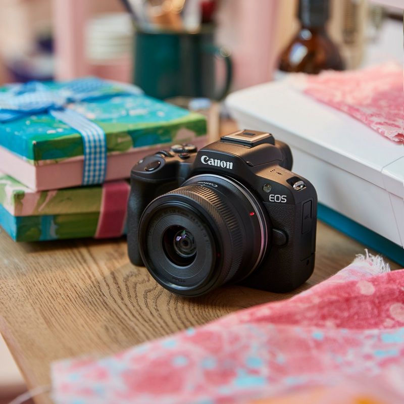 Canon EOS R50 Mirrorless Camera, Black + RF-S 18-45mm F4.5-6.3 IS STM Lens + Backpack + SD Card + Spare Battery Product kept on Deck with Gifts