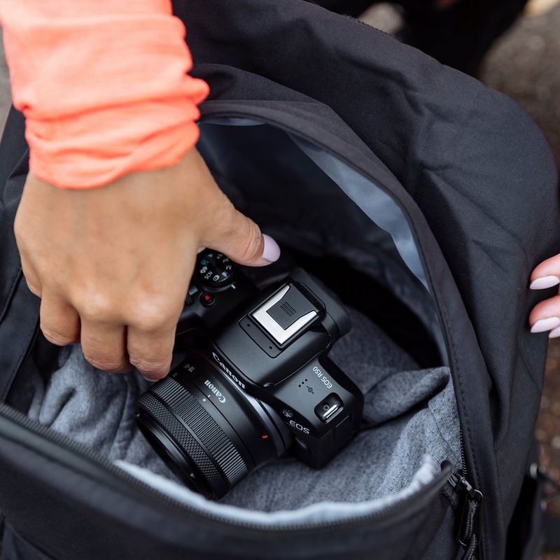 Canon EOS R50 Mirrorless Camera, Black + RF-S 18-45mm F4.5-6.3 IS STM Lens + Backpack + SD Card + Spare Battery Product in a bag