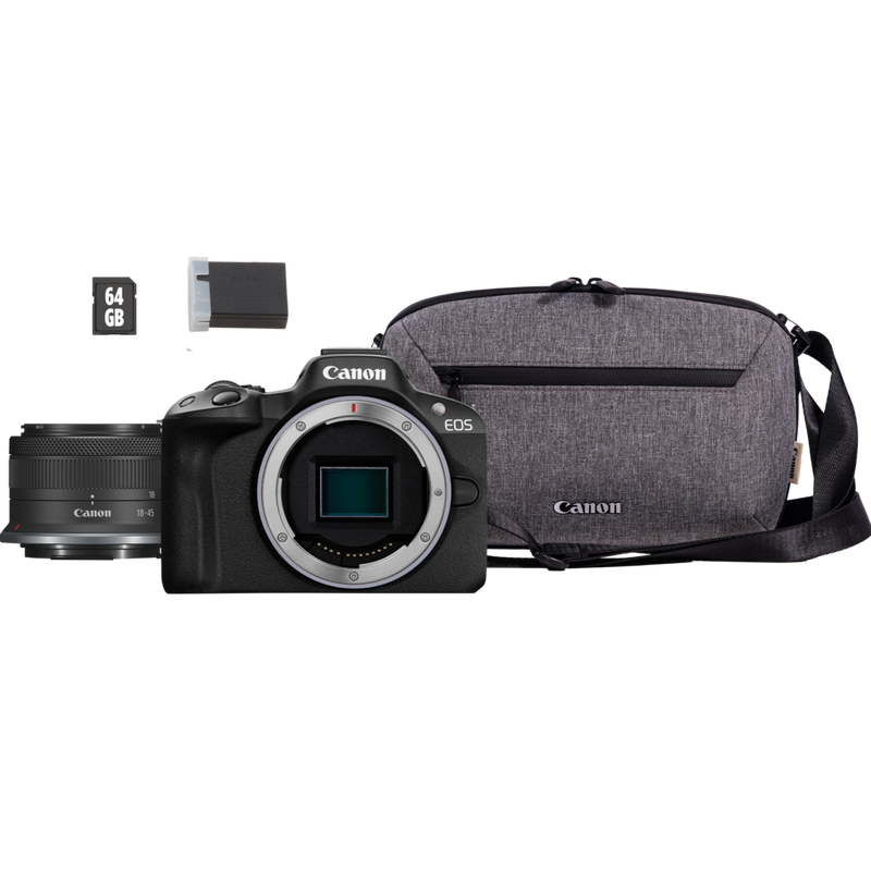 Canon EOS R50 Mirrorless Camera, Black + RF-S 18-45mm F4.5-6.3 IS STM Lens + Backpack + SD Card Product Front View with Bag and Lens