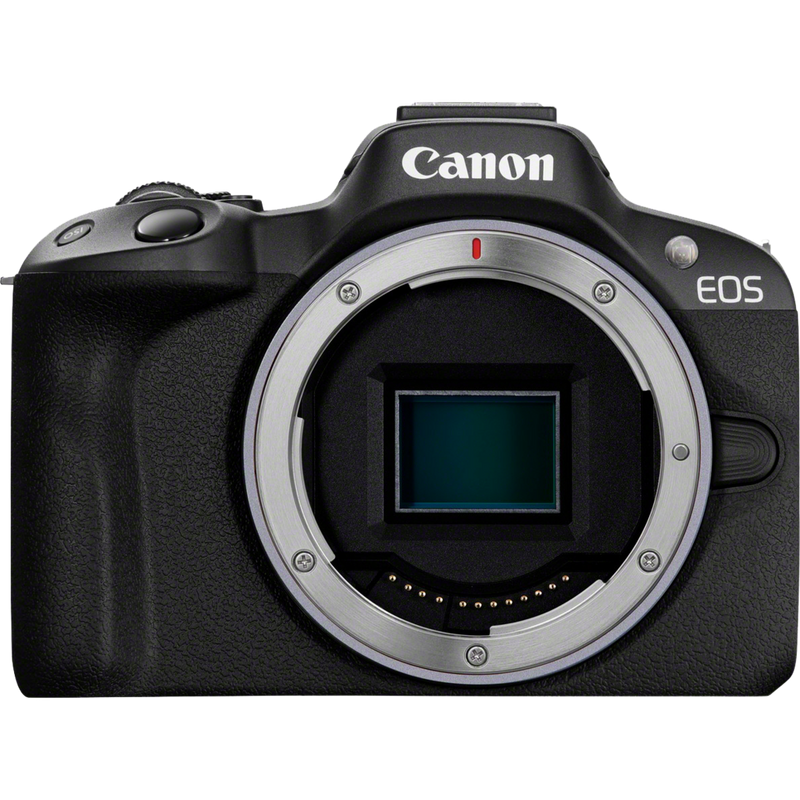 Canon EOS R50 Mirrorless Camera, Black + RF-S 18-45mm F4.5-6.3 IS STM Lens + Backpack + SD Card Product Front View