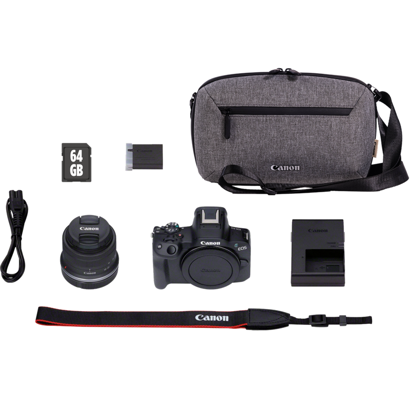 Canon EOS R50 Mirrorless Camera, Black + RF-S 18-45mm F4.5-6.3 IS STM Lens + Backpack + SD Card Product What's in the Box
