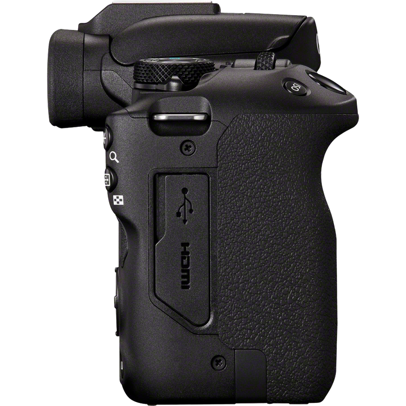 Canon EOS R50 Mirrorless Camera, Black + RF-S 18-45mm F4.5-6.3 IS STM Lens + Backpack + SD Card Product Left View