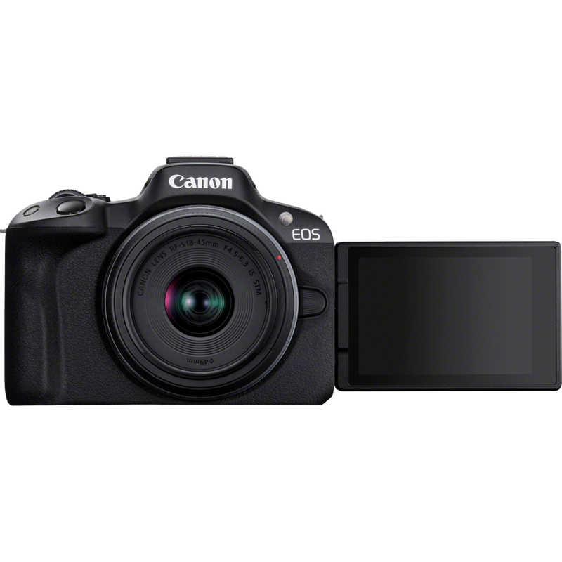 Canon EOS R50 Mirrorless Camera, Black + RF-S 18-45mm F4.5-6.3 IS STM Lens + Backpack + SD Card Product Front View with Display