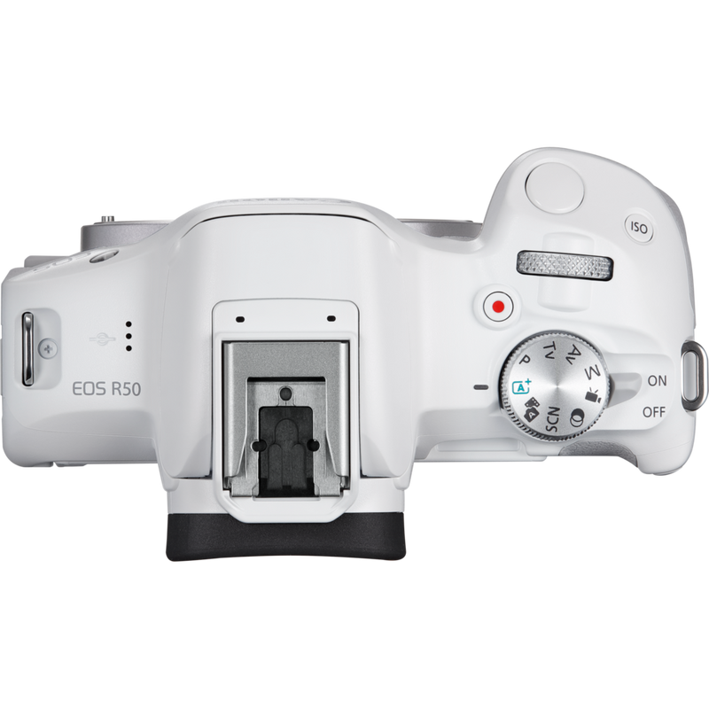 Canon EOS R50 Mirrorless Camera, White and RF-S 18-45mm F4.5-6.3 IS STM Lens Product Top View