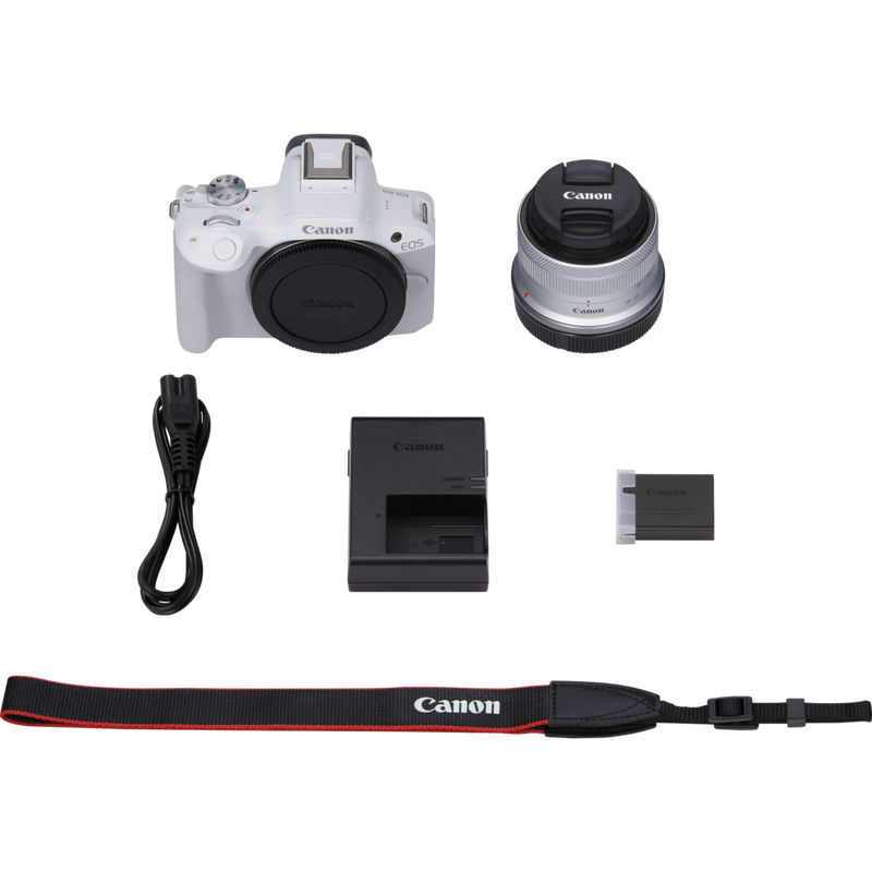 Canon EOS R50 Mirrorless Camera, White and RF-S 18-45mm F4.5-6.3 IS STM Lens Product What's in the Box