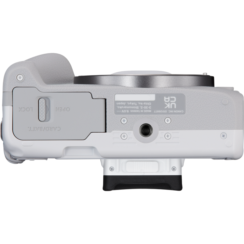Canon EOS R50 Mirrorless Camera, White and RF-S 18-45mm F4.5-6.3 IS STM Lens Product Bottom View