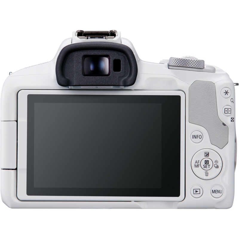 Canon EOS R50 Mirrorless Camera, White and RF-S 18-45mm F4.5-6.3 IS STM Lens Product Back View