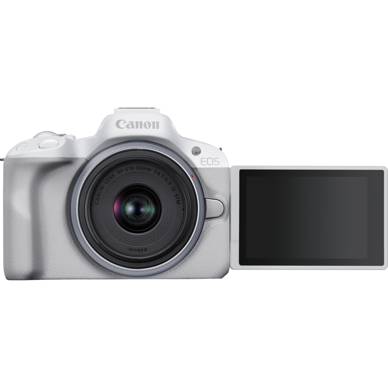 Canon EOS R50 Mirrorless Camera, White and RF-S 18-45mm F4.5-6.3 IS STM Lens Product Front View with Display