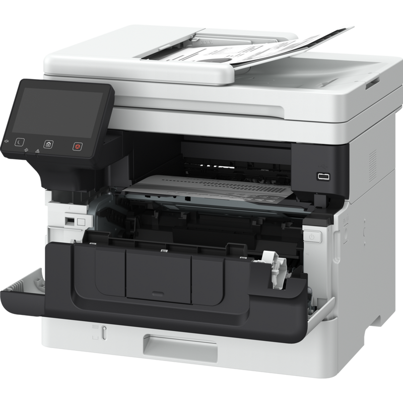 Vista frontal izquierda inclinada con alimentador de papel abierto