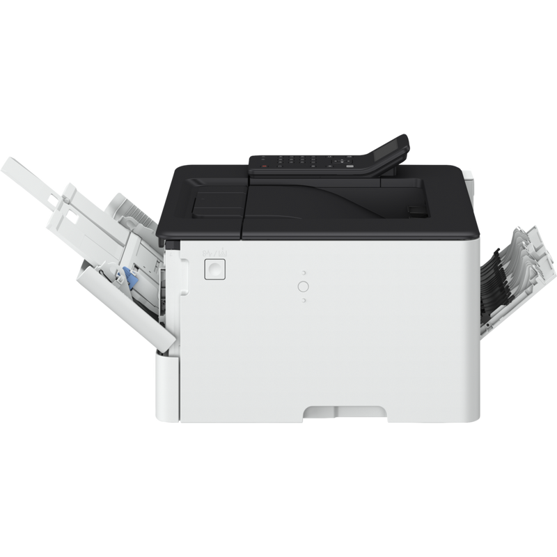 Side view of printer with feeder open