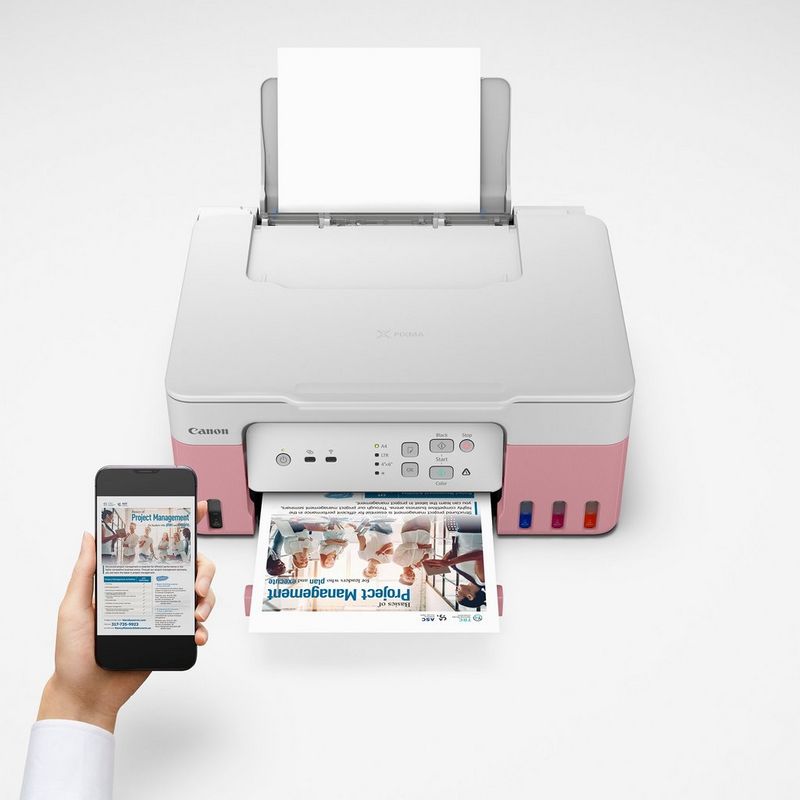 Canon PIXMA G3430 Wireless Colour 3-in-1 Refillable MegaTank Printer, Pink Product user printing a document using a smartphone
